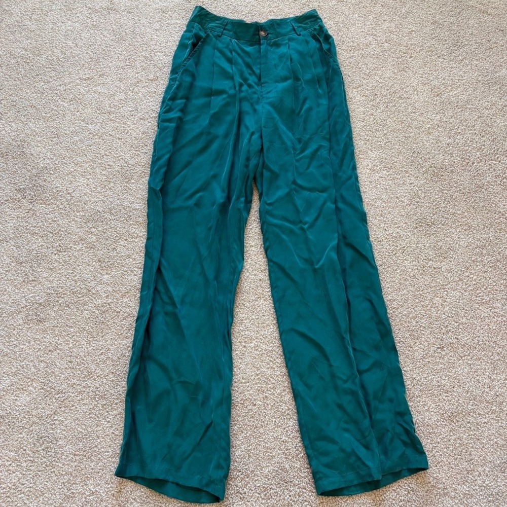 Self Contrast Wide Leg Pants Womens S Teal Blue Pleated Trouser‎ Office Work